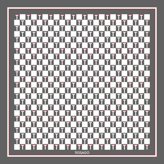 Foulard Tessago in seta twill 90x90 con motivo logato bianco e grigio