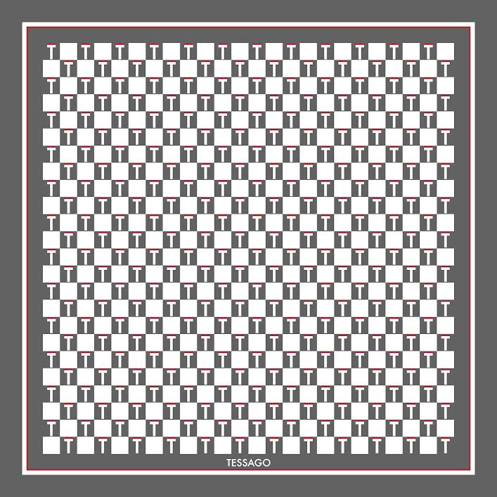 Foulard Tessago in seta twill 90x90 con motivo logato bianco e grigio