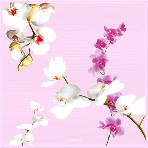Foulard Tessago in seta twill 90x90 con motivo orchidea rosa