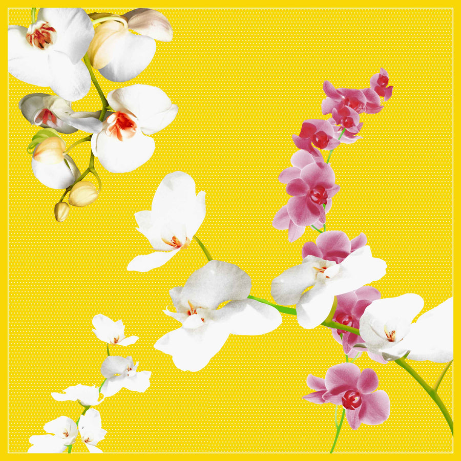 Foulard Tessago in seta twill 90x90 con motivo orchidea giallo