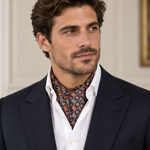 Ascot Tessago in seta, disegno 18A, 140 cm, indossato dentro la camicia