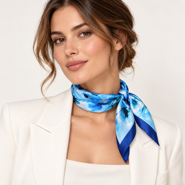 Foulard Seta 100% Raso 12 mm 90x90 Azzurro Dis. 57698 — indossato, foto Tessago