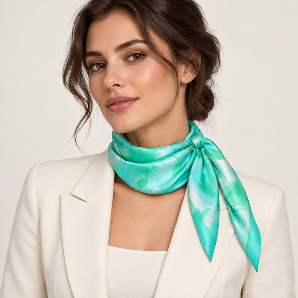 Foulard Seta 100% Raso 12 mm 90x90 Turchese Dis. 57698 — indossato, foto Tessago