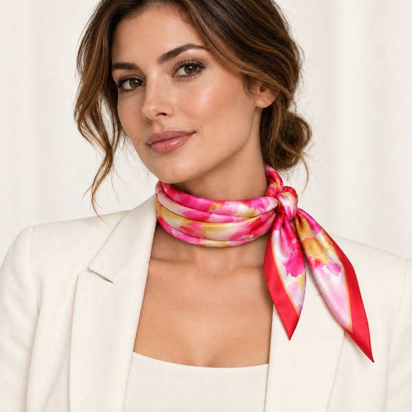 Foulard Seta 100% Raso 12 mm 90x90 Rosa Dis. 57698 — indossato, foto Tessago