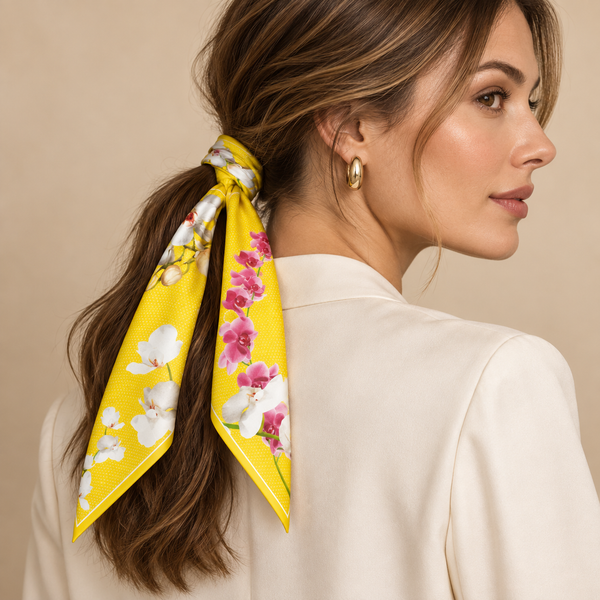Foulard Seta 100% Twill 14 mm 90x90 Orchidea Giallo — foto Tessago indossata
