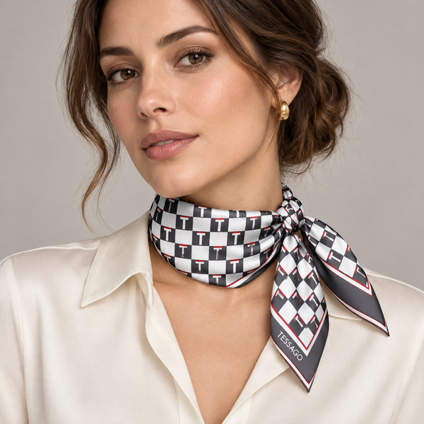 Foulard Seta 100% Twill 14 mm 90x90 Logato Tessago — foto Tessago indossata