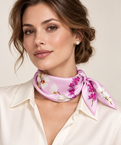 Foulard Seta 100% Twill 14 mm 90x90 Orchidea Rosa — foto Tessago indossata