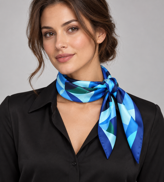 Foulard Tessago 62710 variante blu A, 90 × 90 cm, indossato al collo