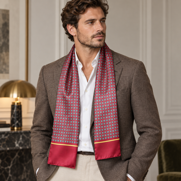 Sciarpa Raso Poly Dis 57696 var 4 Bordeaux — indossato, foto Tessago