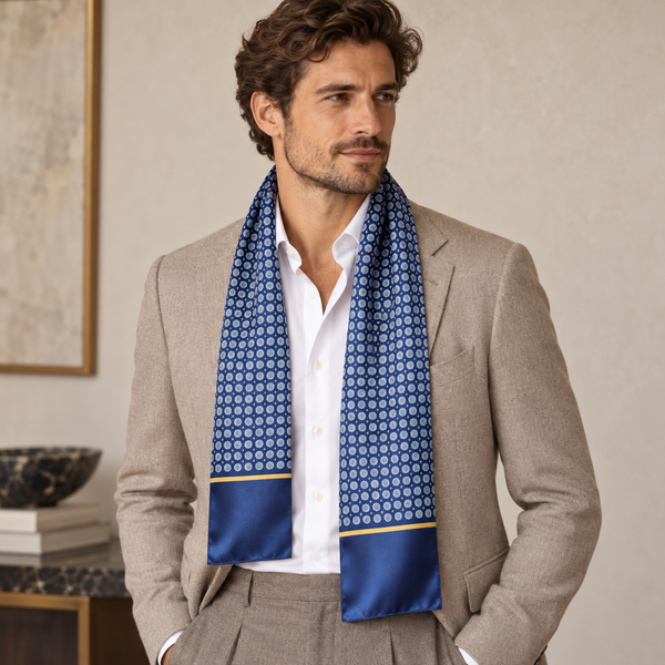 Sciarpa Raso Poly Dis 57696 var 2 Blu - Senape — indossato, foto Tessago
