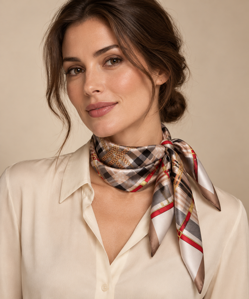 Foulard Seta 100% Twill 12 mm 90x90 Beige Dis. 62854 — indossato, foto Tessago