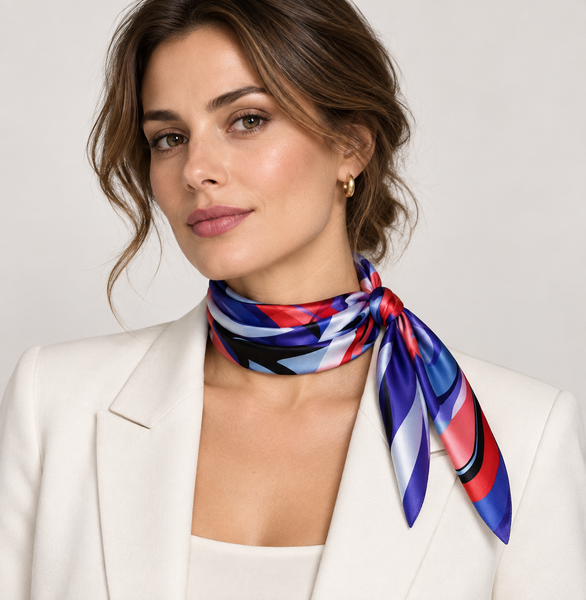 Foulard Poly 100% dis 62736 var 22 Rosso-Viola — indossato, foto Tessago