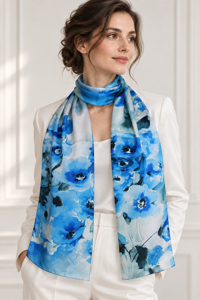 Sciarpa Seta 100% dis 57698 var 20 Azzurro — indossato, foto Tessago